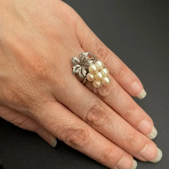 Vintage Silver Demi Parure Japan Akoya Pearl Grape Cluster Brooch Earrings Ring - Picture 6 of 7
